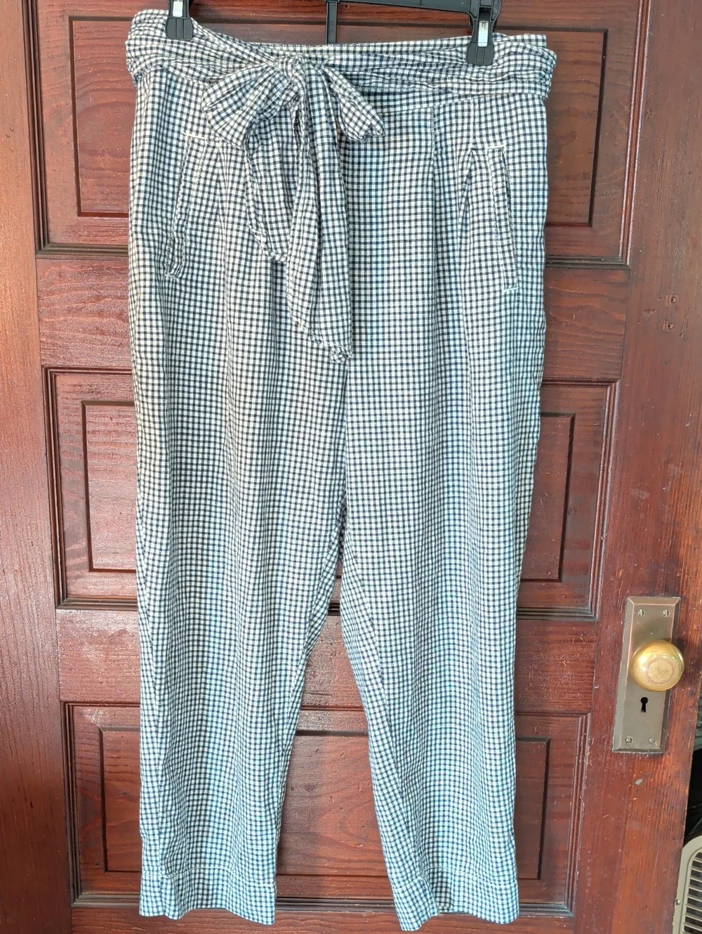 Anthropologie Cartonnier Navy and White Gingham Pants 8 Linen Cotton Blend